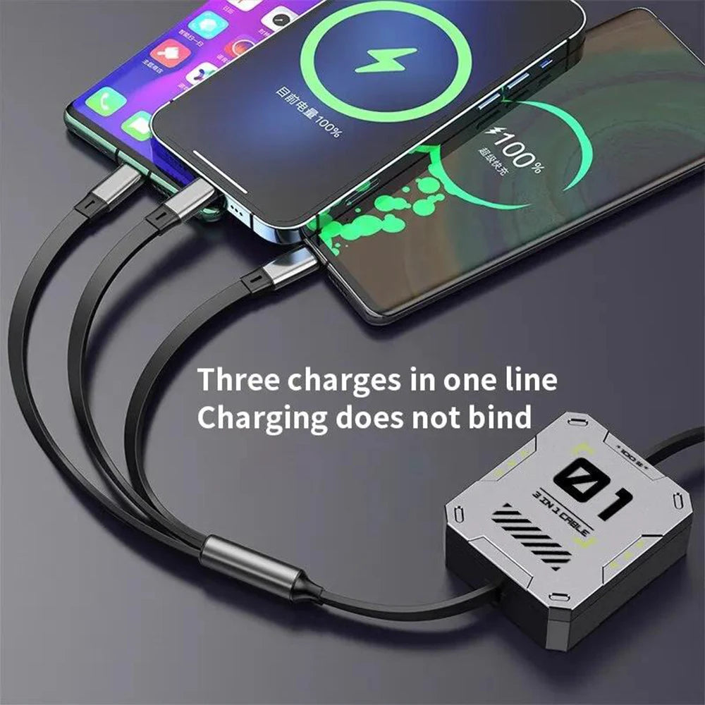Retractable USB Cable 100W Fast Charging 3 In 1 USB to Type