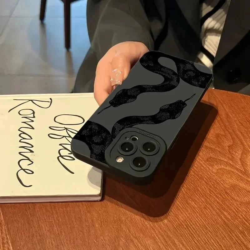 Black Snake Patterned Flower Print Phone Case For iPhone 16 15 14 13