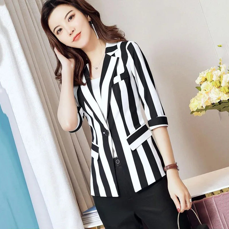 Black and White Striped Small Suit Jacket for Women, Female Blazer,
