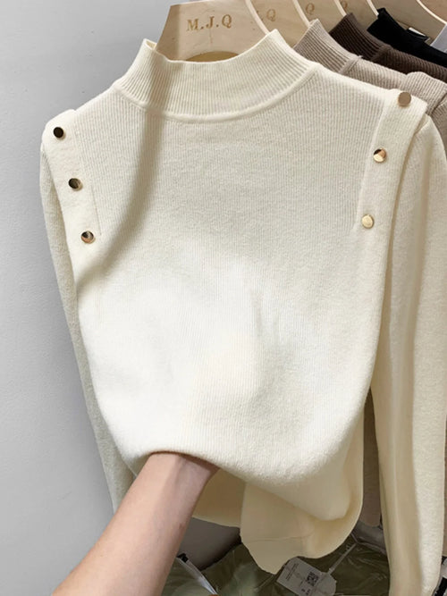 AOSSVIAO 2024 Button Turtleneck Knitted Women Sweater Pullovers Autumn