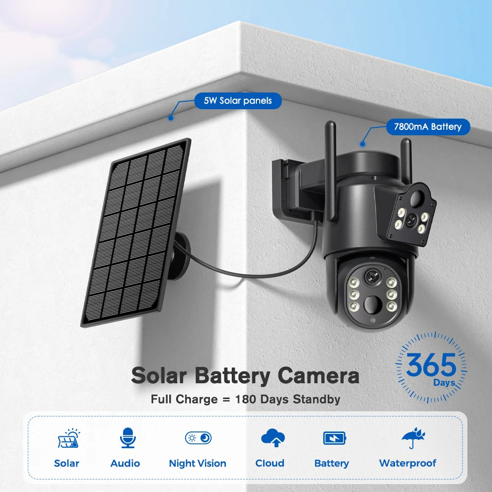 4k 8MP WIFI Solar Camera With 7800 mAh Battery Dual Lens Wireless PTZ