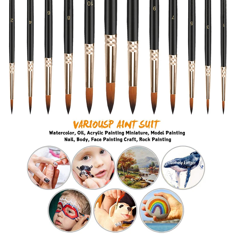 12pcs Paint Brushes Set Professional Paint Brush Round Pointed Tip