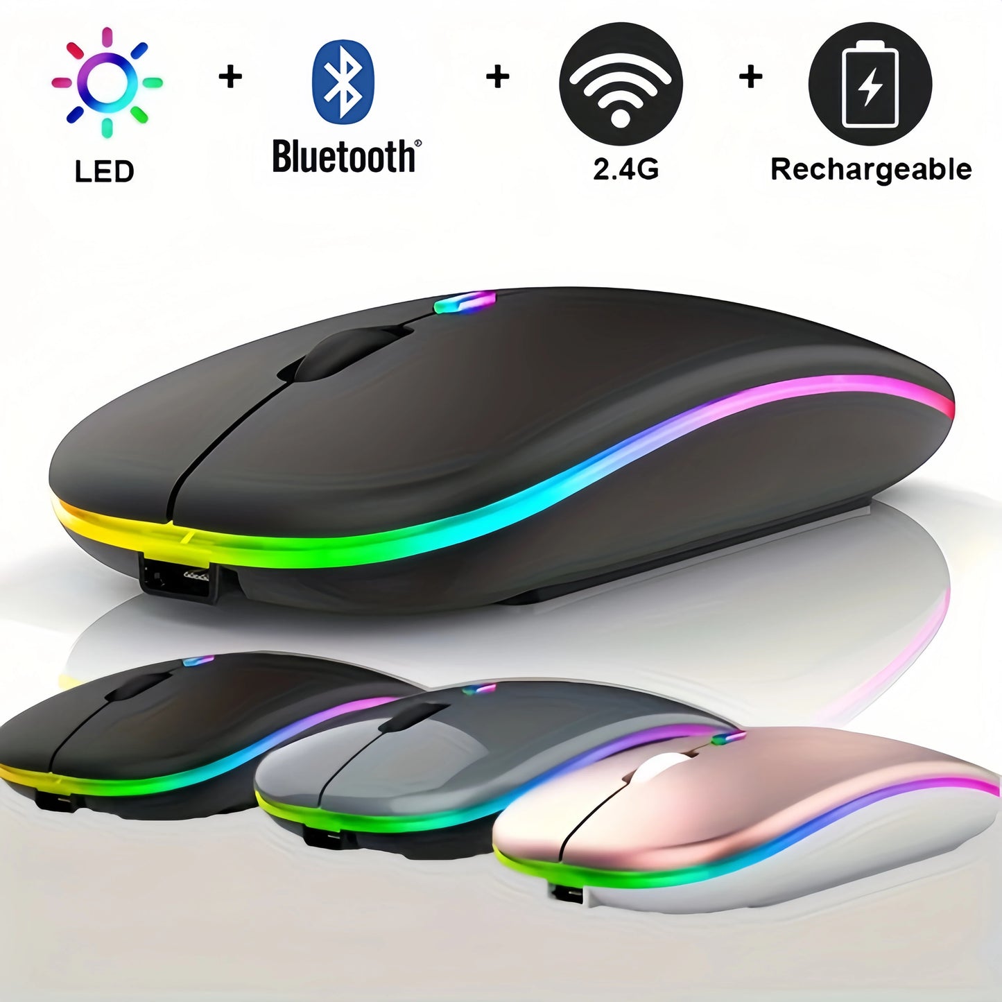 Wireless Mouse Bluetooth and 2.4GHz Dual Modes Rechargeable RGB