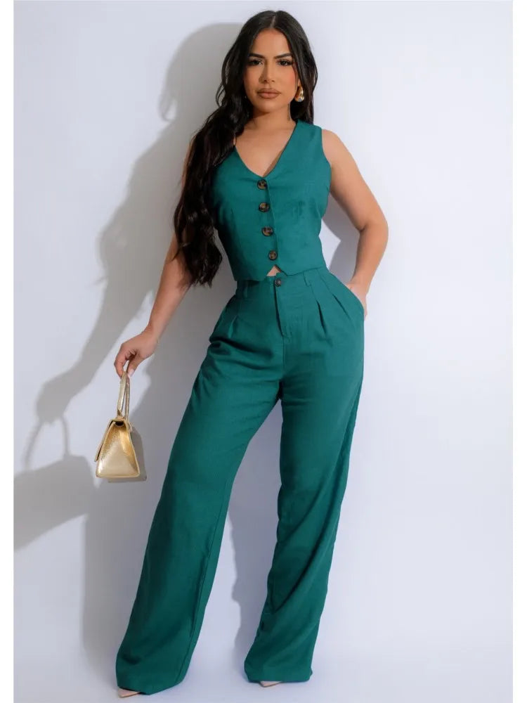 Fashion Sleeveless Vest Pants Women Solid Color Suit Spring Summer V