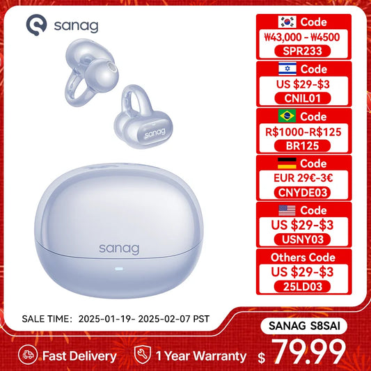 Sanag S8S AI Ear Clip Earphones AI Translation Bluetooth 5.4 Wireless