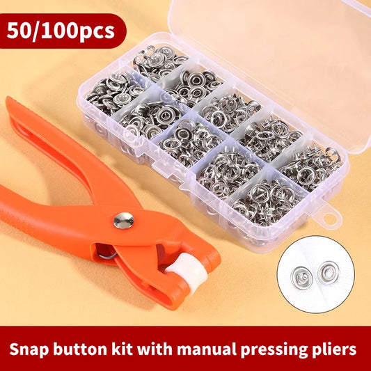 Snap Button Kit With Hand Pressure Pliers 50pcs 100pcs Snaps , Metal