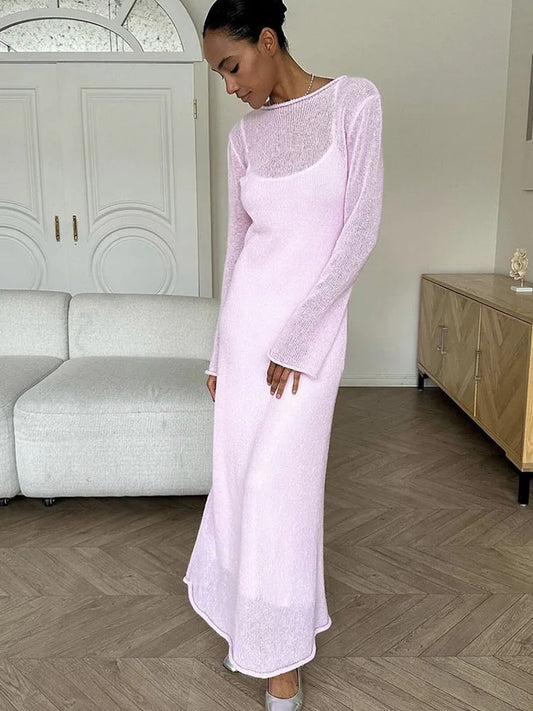 Spring Autumn O-Neck Elastic Knit Long Dresses Women 2024 Elegant Chic