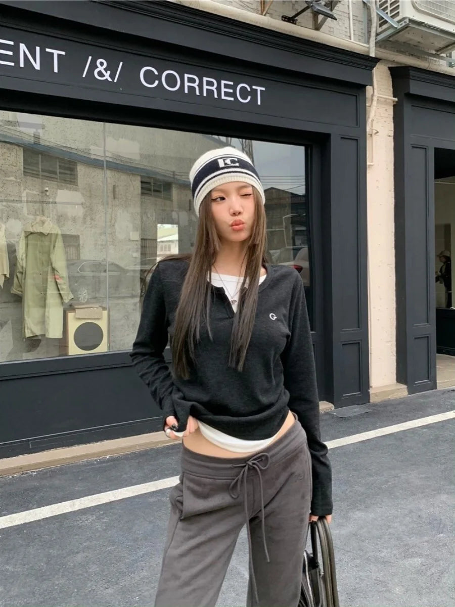 2024 Autumn Winter Long Sleeves Korean Fashion Style O-neck Tshirt For