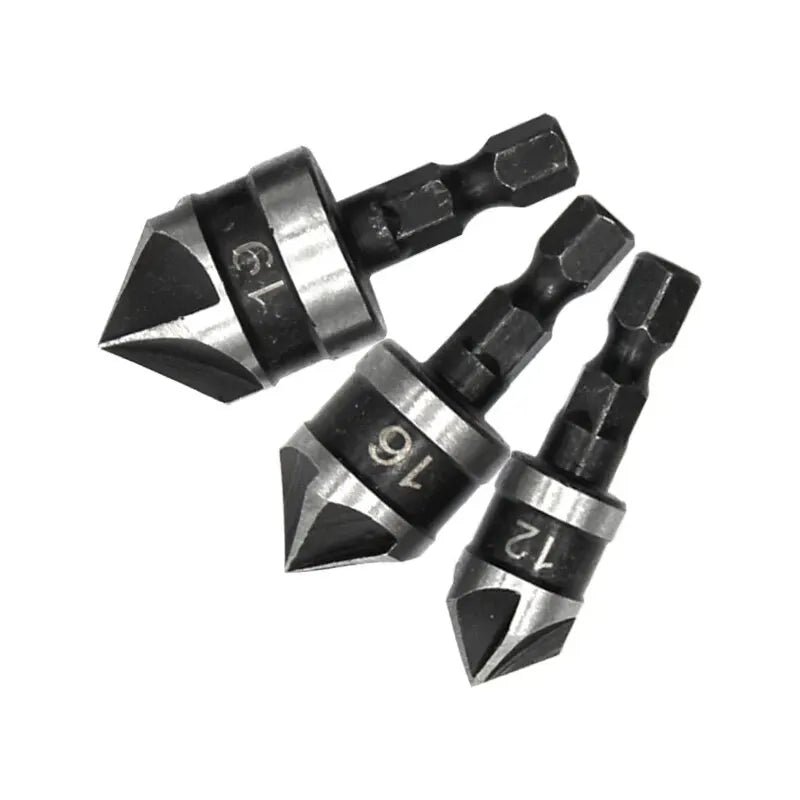 3PC Hexagonal Shank 90 Degree Black Five Blade Chamferer 12/16/19mm