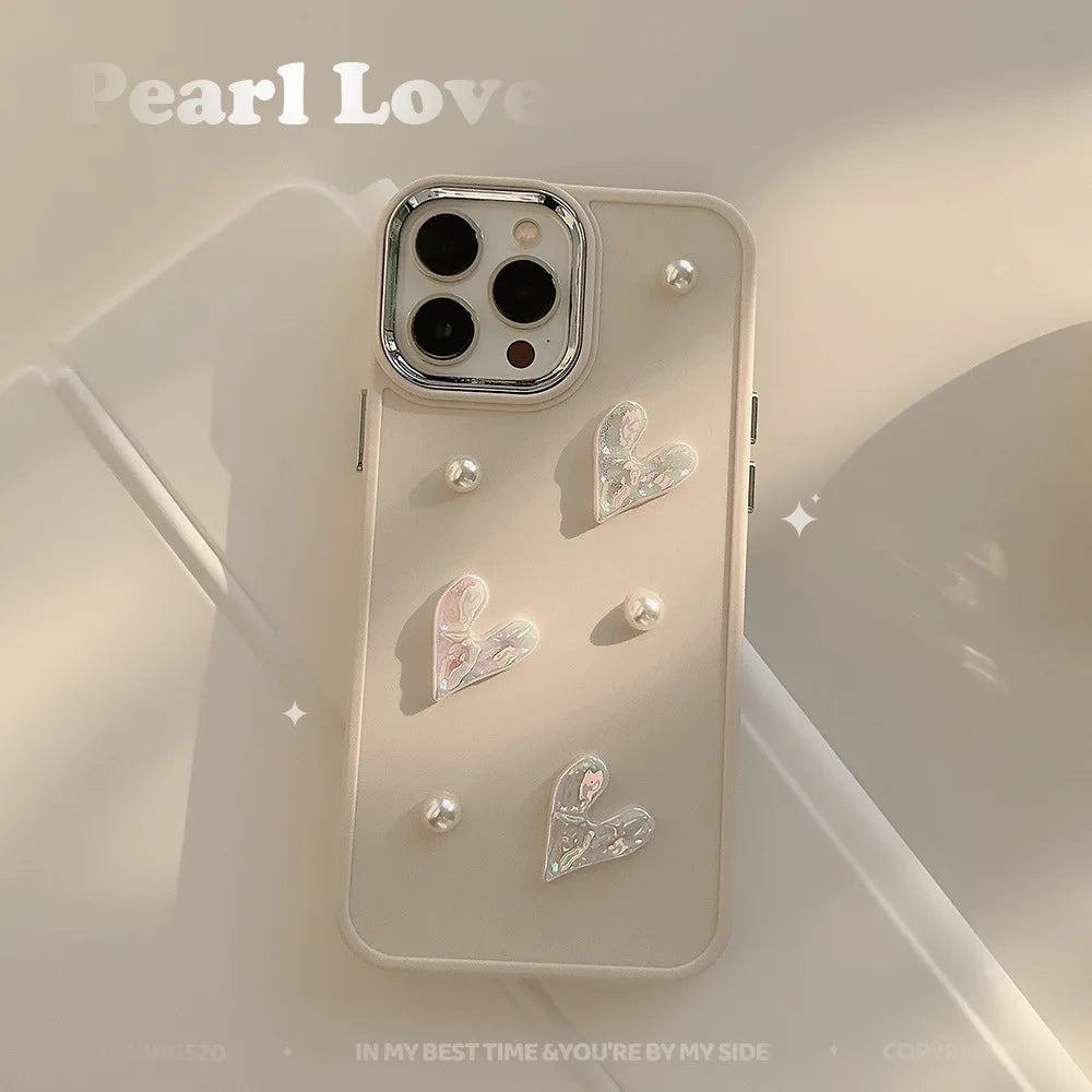 3D Cute Flower Pearl Heart Phone Case for iPhone 16 15 14 13 12 11 Pro