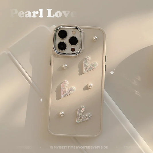 3D Cute Flower Pearl Heart Phone Case for iPhone 16 15 14 13 12 11 Pro