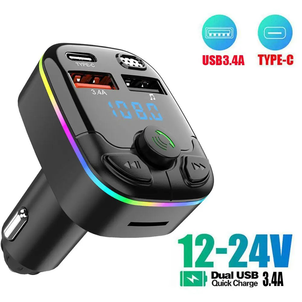 Bluetooth 5.0 Car FM Transmitter PD Type-C Dual USB Ambient Player MP3