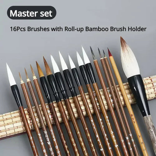 6/9/12/16Pcs Chinese Calligraphy Brushes Set with Roll-up Bamboo Brush