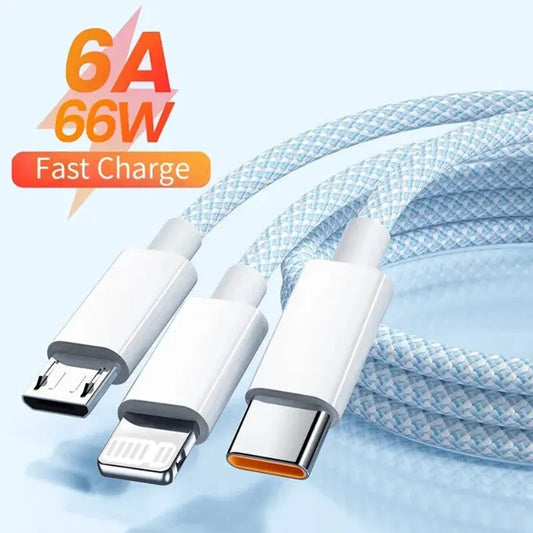 6A 3 In 1 USB Type C Cable 66W Super Fast Charging Cables for Huawei