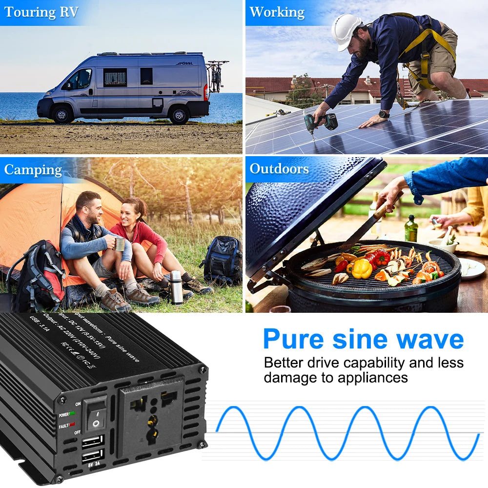 Pure Sine Wave 1000W 1500W 2200W 2600W DC 12V To AC 220V Car Power