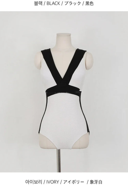 Sexy V-Neck Chic Swimwear 2023 Women Black and White Patchwork Push Up