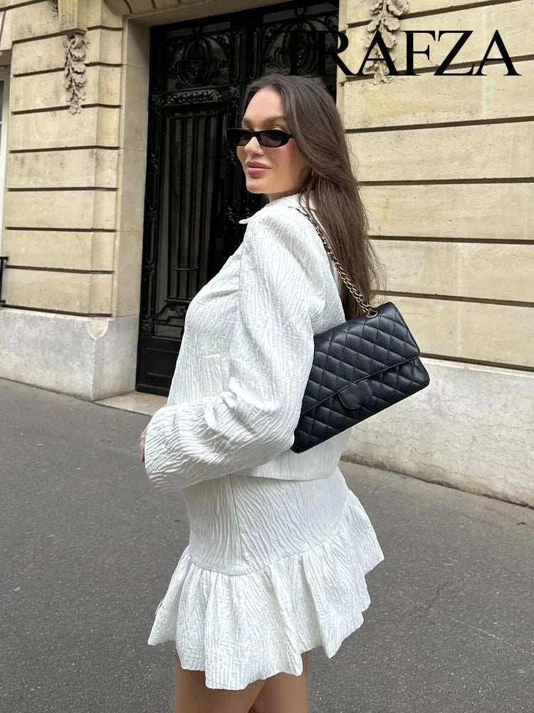 TRAFZA Spring Fashion Women Suit White Turn-Down Collar Long Sleeves