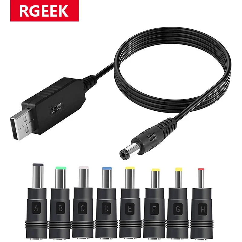 RGEEK 5.5*2.1mm 5V 9V 12V USB Cable Boost Converter Step-up Cord 8PCS