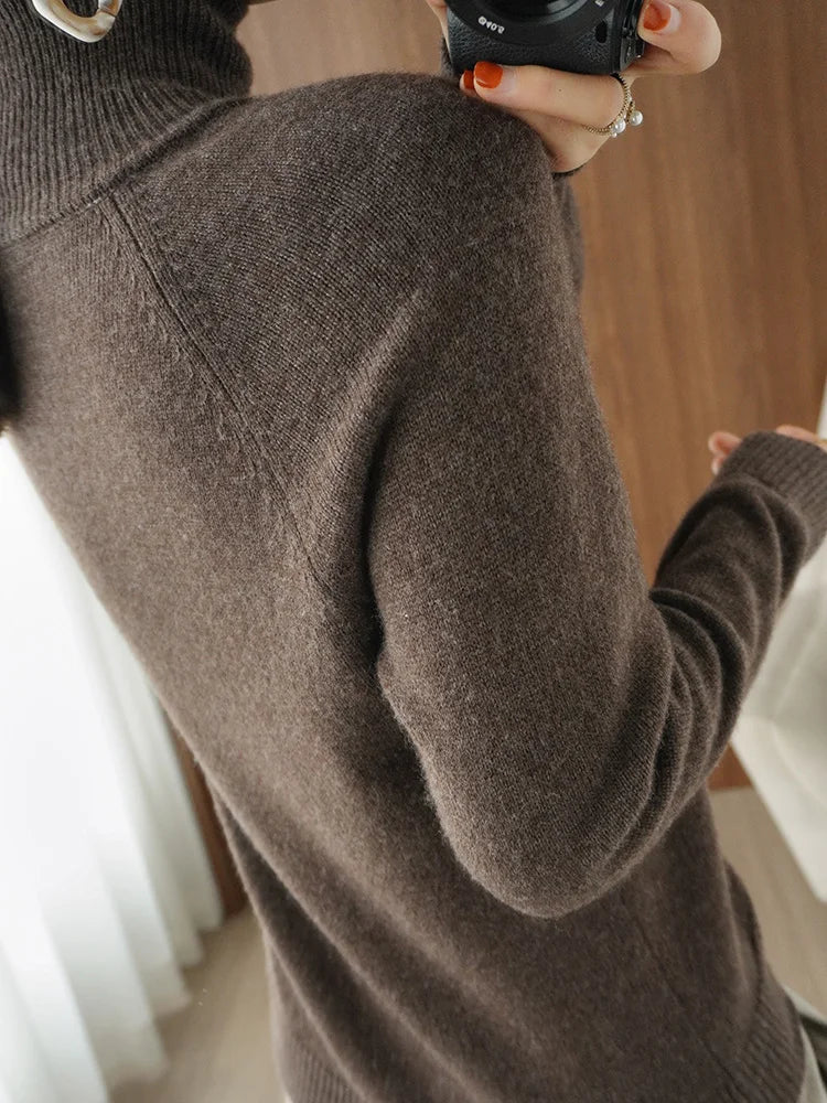 Fashion Basic Autumn Winter  Merino Wool Sweater Mock Neck Cashmere