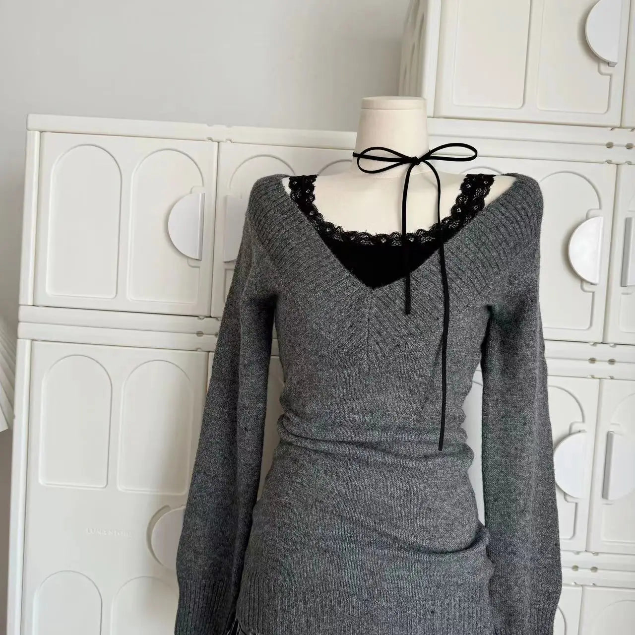 Autumn Winter Woman Gyaru Coquette V-neck French Vintage Sweater Long