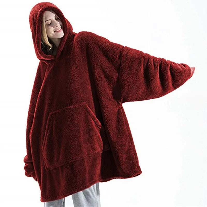 2024 Winter Women Double-faced Fleece Hoodie Blanket Oversize Large