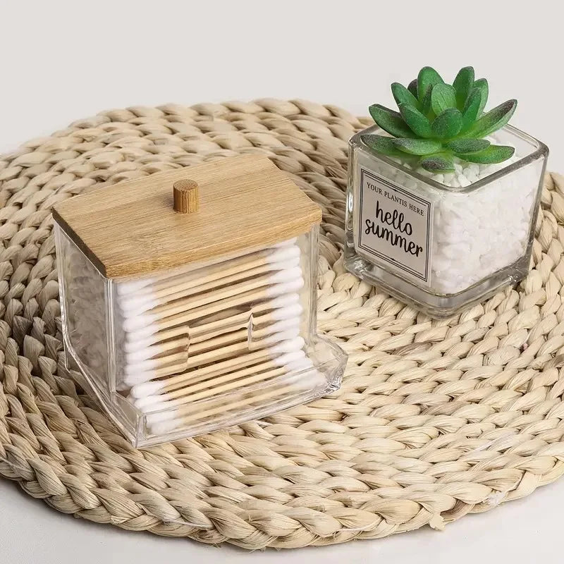 Acrylic Cotton Swab Organizer Bamboo Lid Portable Round Container