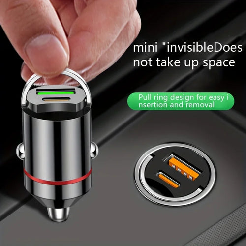 66W Flash Car Charger with Pull Ring - Ultra-Compact PD+USB Dual Port