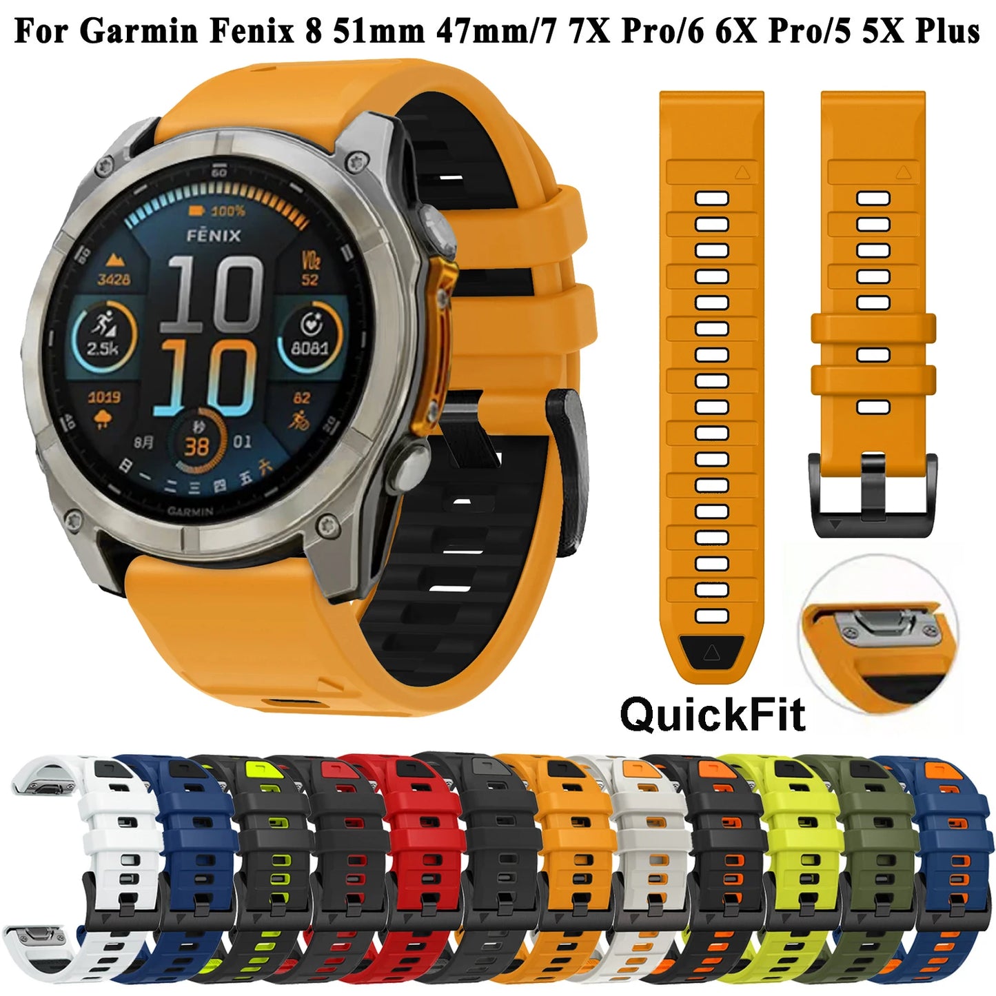 QuickFit 26mm 22mm Two Tone Silicone Strap For Garmin Fenix 8 E 7X 7 6