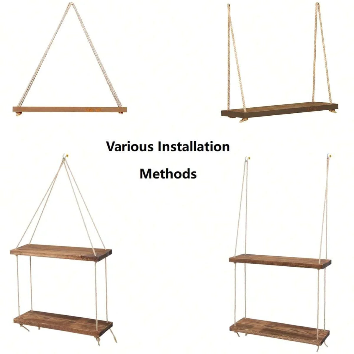 1PC Wooden Swing Hanging Hemp Rope Wall Shelve Mounted Floating Home