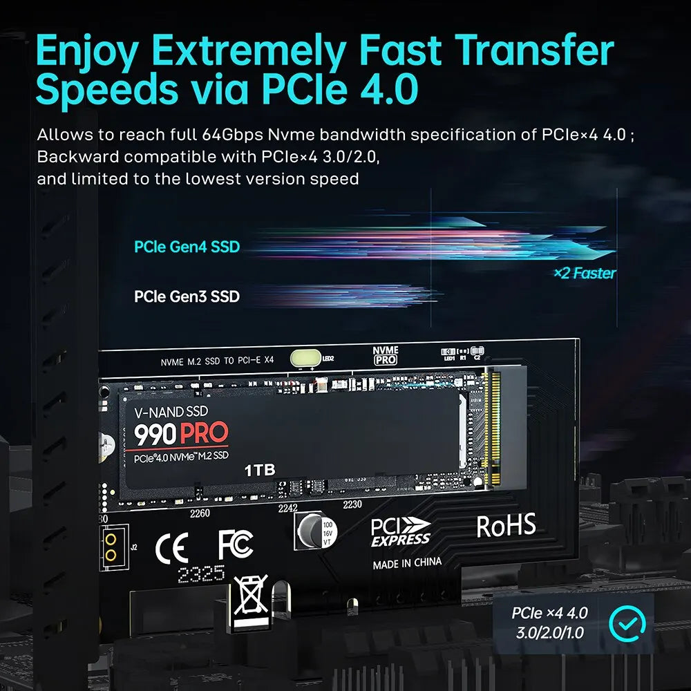 JEYI M.2 NVME to PCIe 4.0 3.0 SSD Adapter, 64Gbps PCIe 4.0 X4 X8 X16
