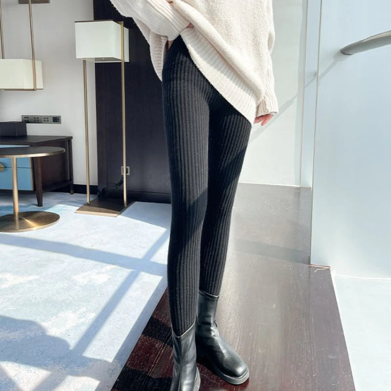 Slim Leggings Autumn Women High Waist Casual Trousers Knitted Ribbed