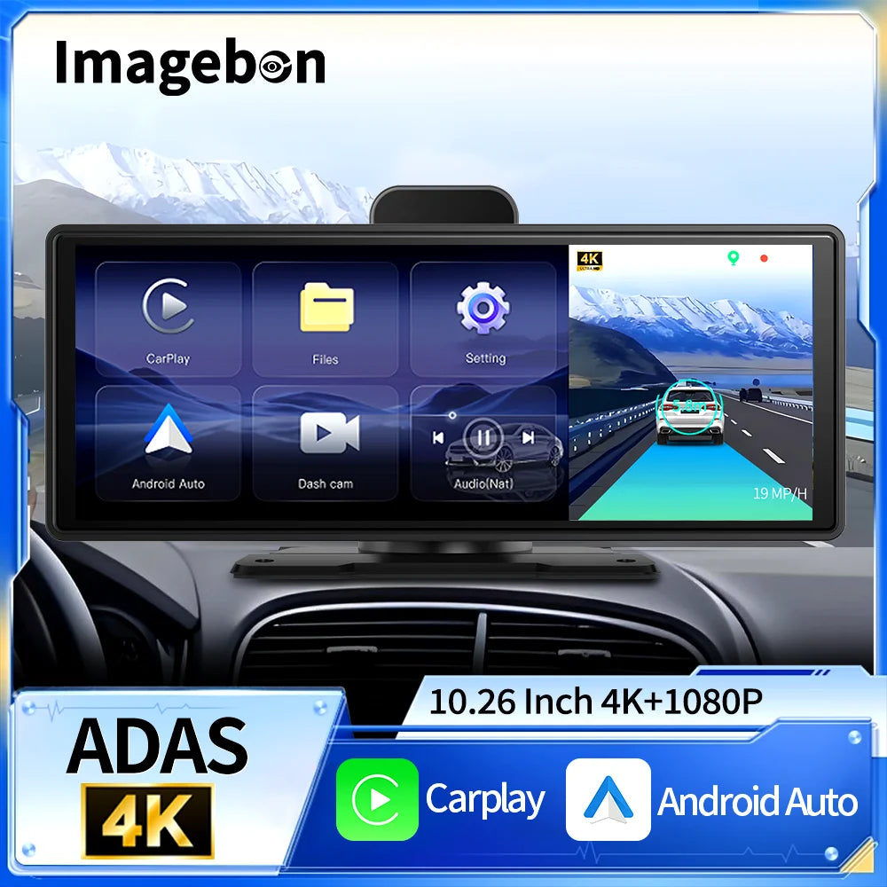 Imagebon 10.26" Dash Cam 4k Wireless Carplay Android Auto Navigation