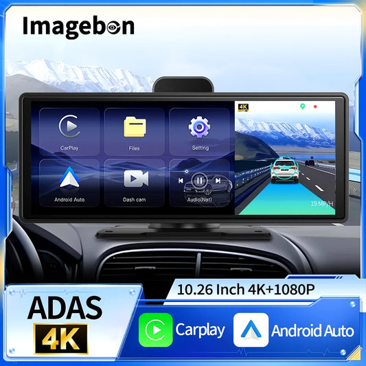 Imagebon 10.26" Dash Cam 4k Wireless Carplay Android Auto Navigation
