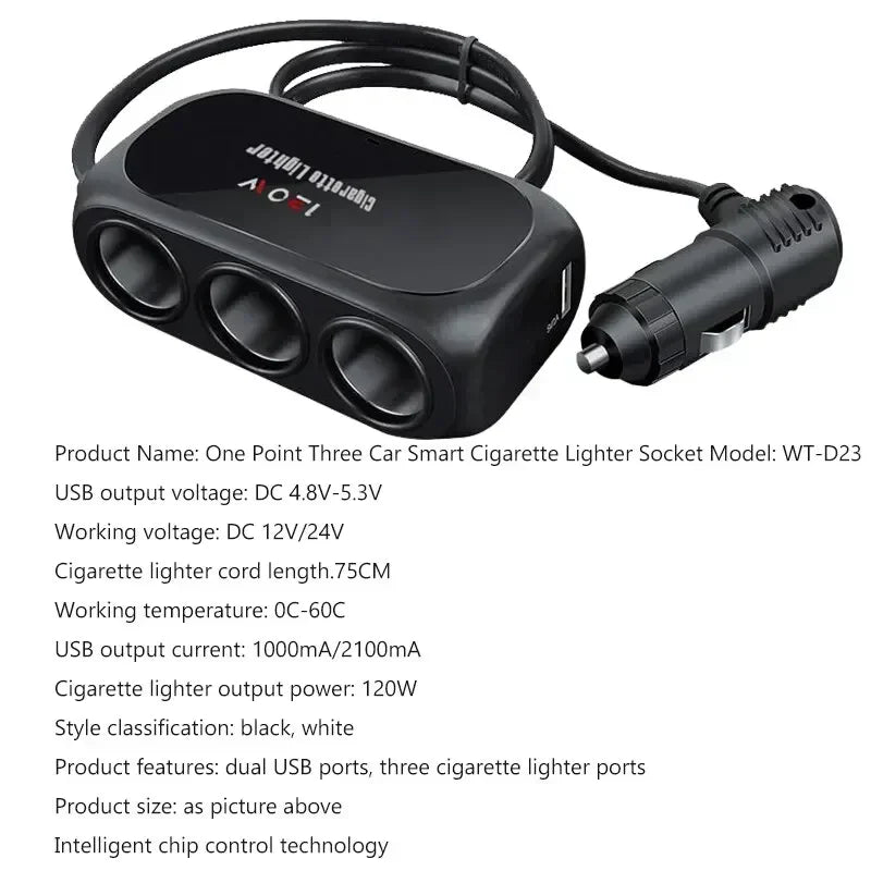 Car One Tow Three Power Dual USB Interface Car Charger Multi-function