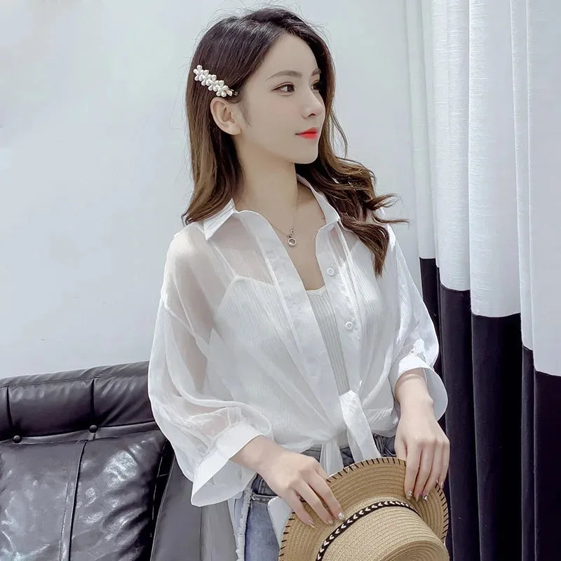 Casual Loose Hollow White Clothes Elegant Solid Color Tied Waist