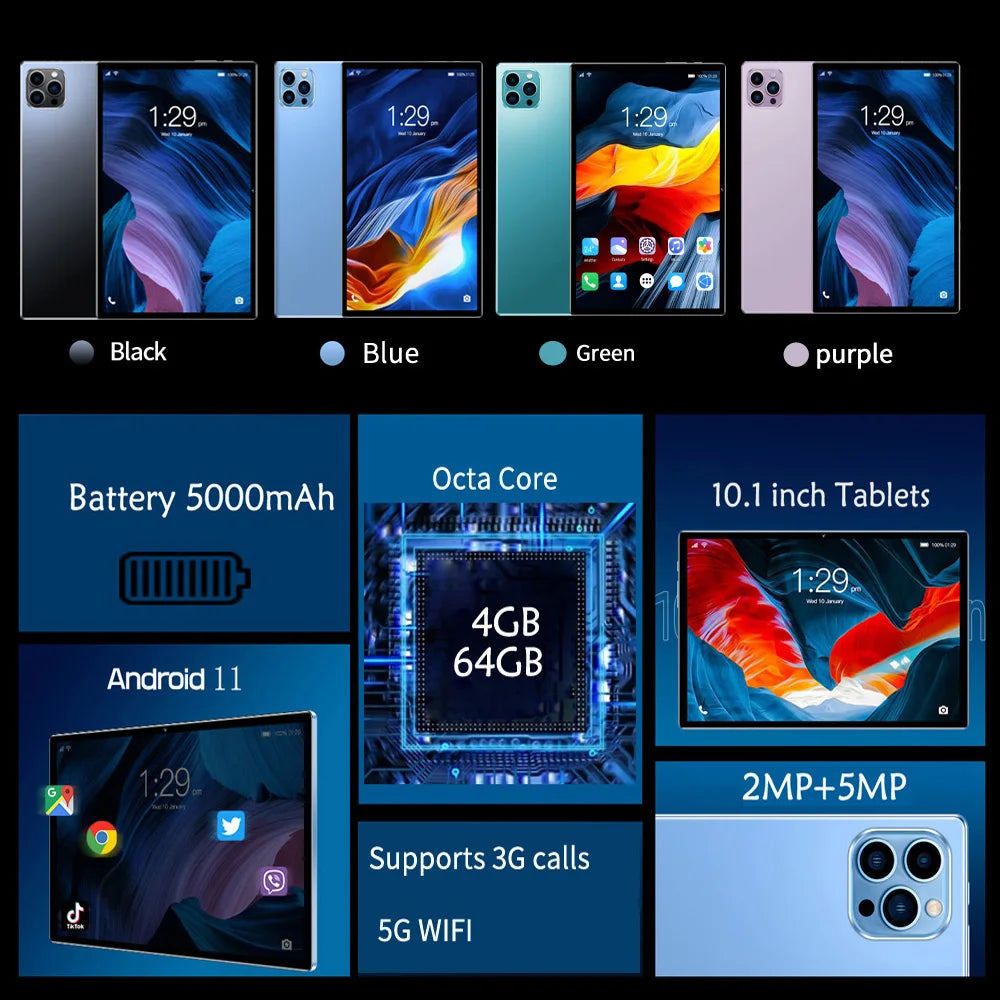 2024 Top selling 10.1-inch Tablet with 4GB RAM 64GB ROM, Android 11