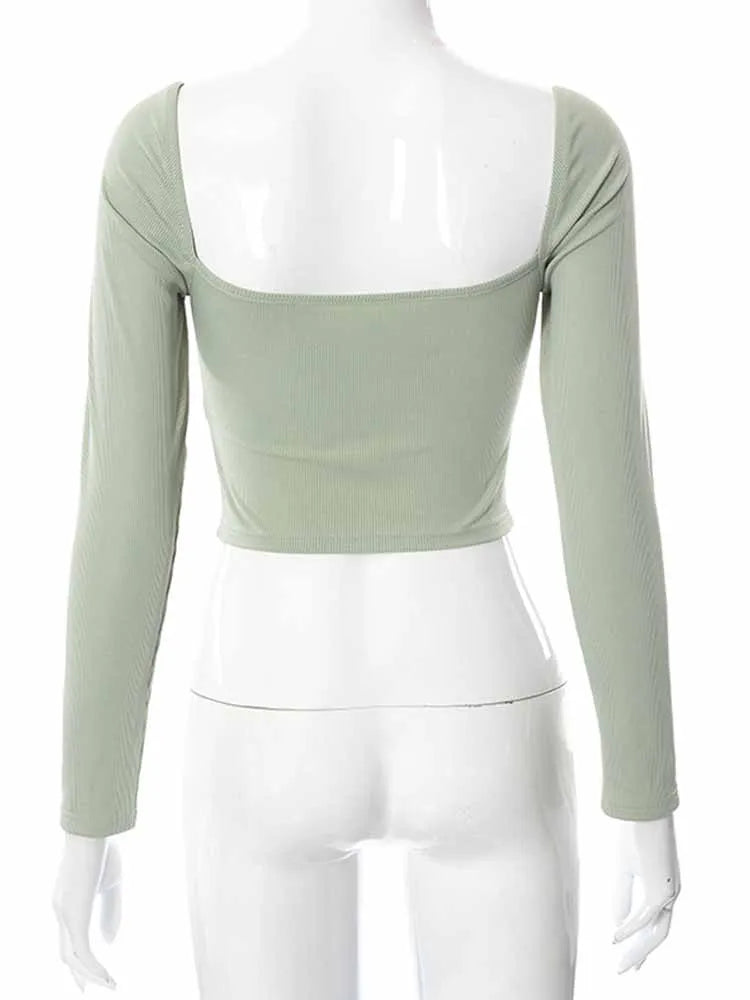 Hollow-Out V-neck Long Sleeve Crop Tops Spring Fall Casual Fashion