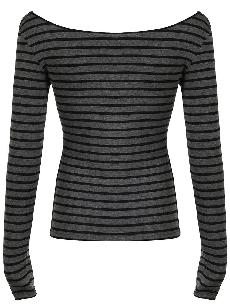 Sweetown Japanese Basic Slim Long Sleeve Stripe Tee Off Shoulder O