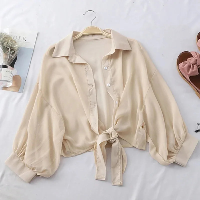 Casual Loose Hollow White Clothes Elegant Solid Color Tied Waist