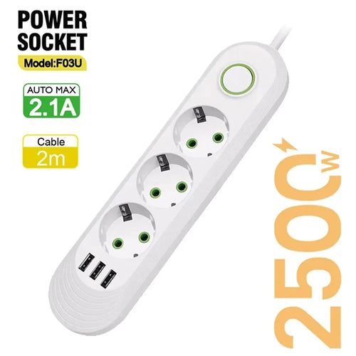 2500W EU Plug AC Outlet Multiprise Power Strip 2M Extension Cord