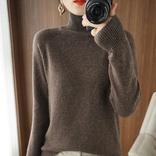 Fashion Basic Autumn Winter  Merino Wool Sweater Mock Neck Cashmere