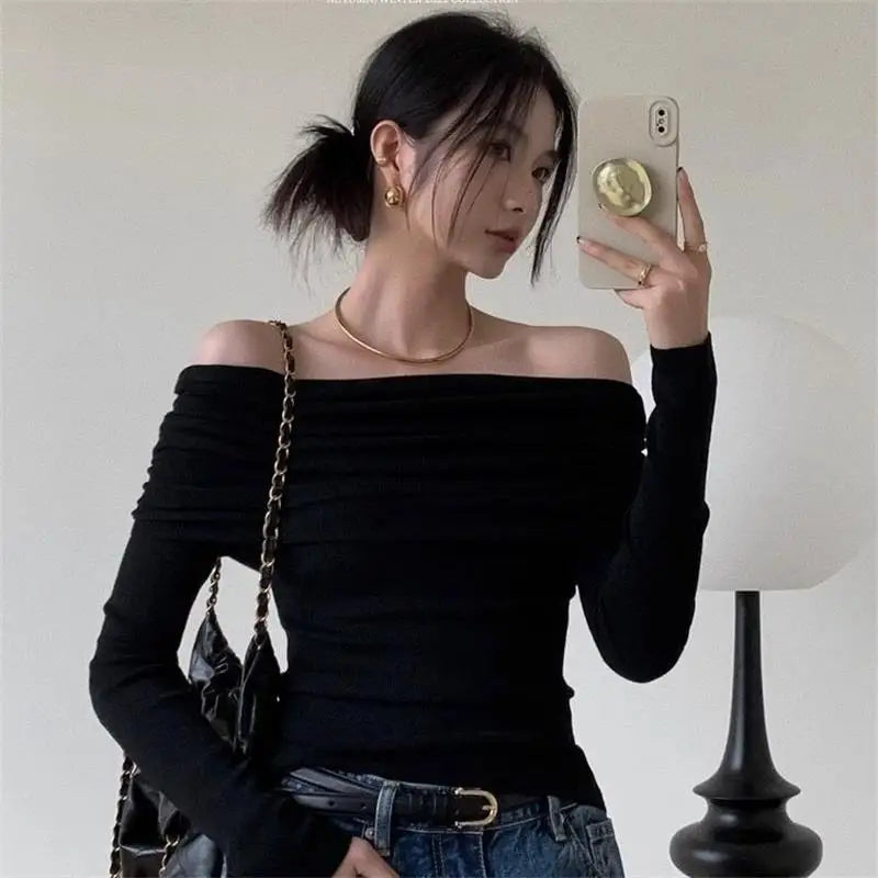 Black Sexy Tops Off Shoulder Long Sleeve T-shirt Women's Solid Elegant