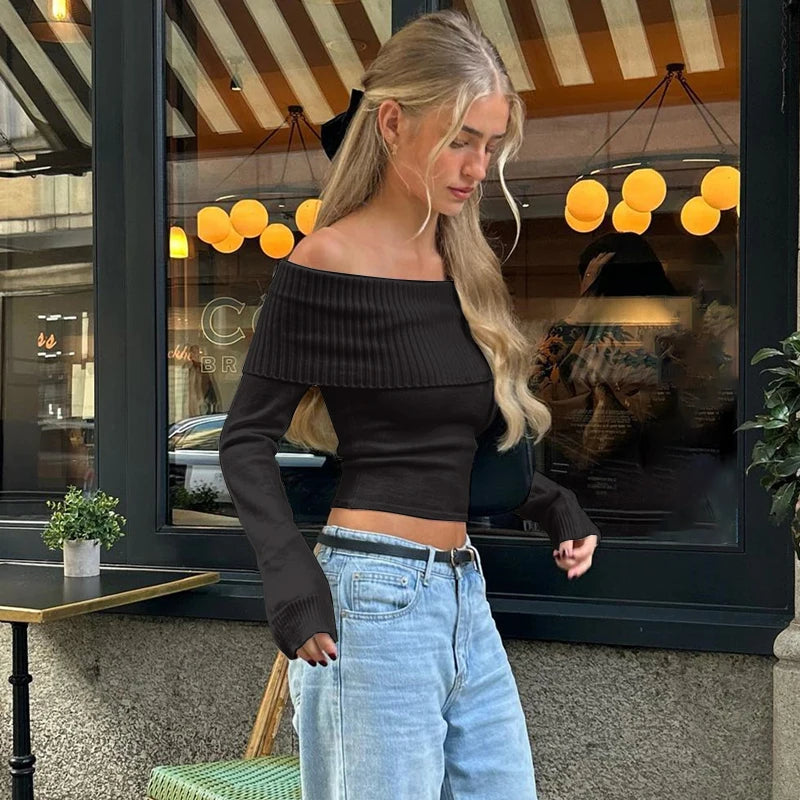 WhereMery Elegant Slash-neck Ribbed Solid Crop Tops Autumn Skinny Off