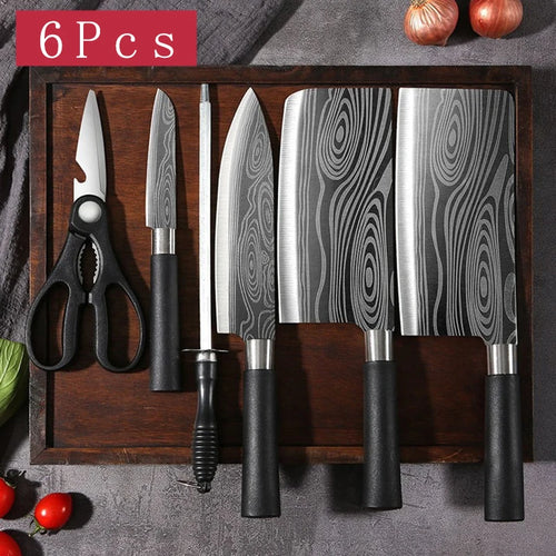 Laser Damascus Pattern Utility Kitchen Knives Scissors Sharpening Rod