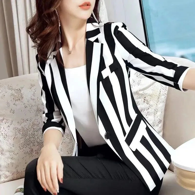 Black and White Striped Small Suit Jacket for Women, Female Blazer,