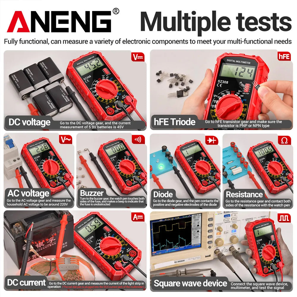 ANENG SZ308 Square Wave Digital Multimeter 1999 Counts HFE Triode