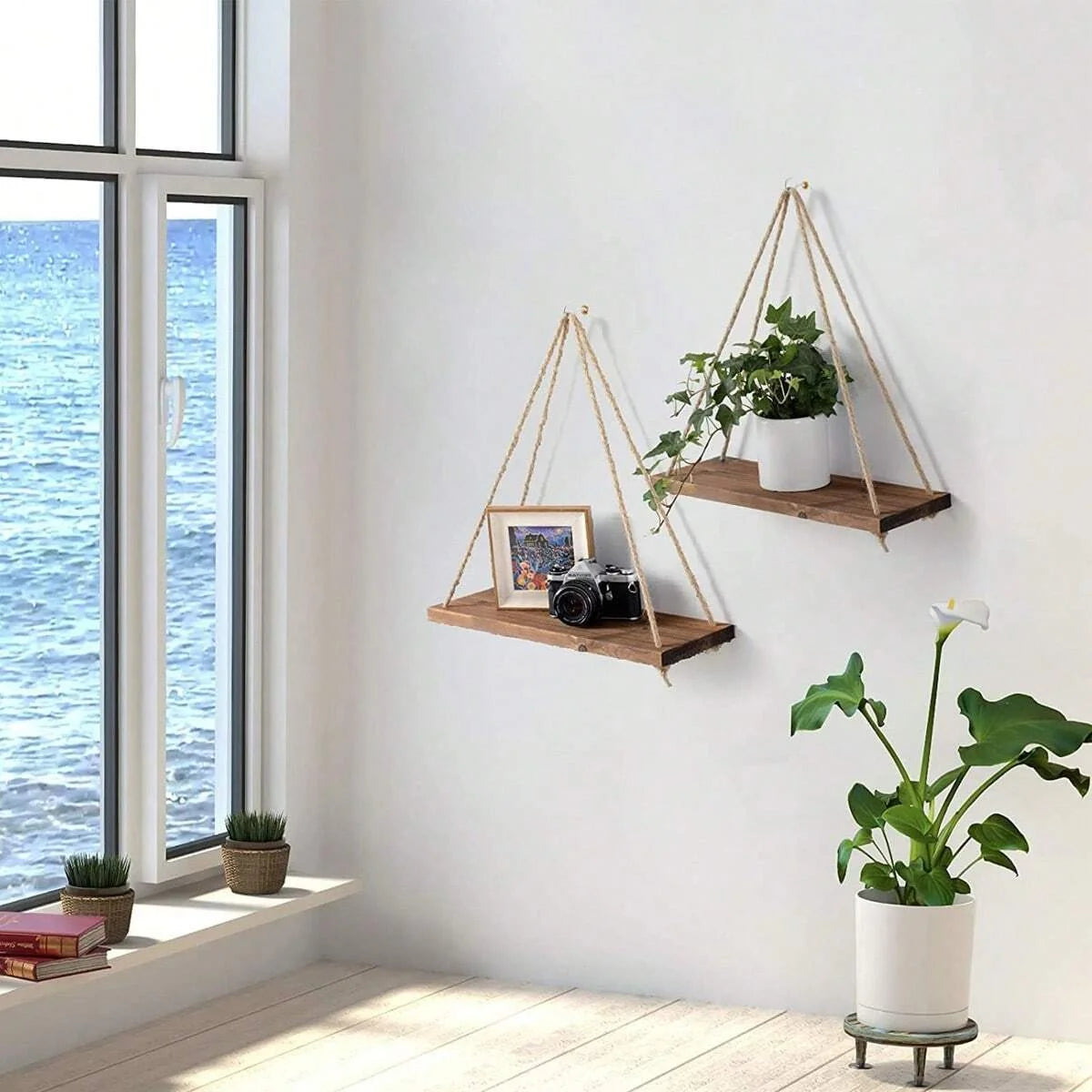 1PC Wooden Swing Hanging Hemp Rope Wall Shelve Mounted Floating Home