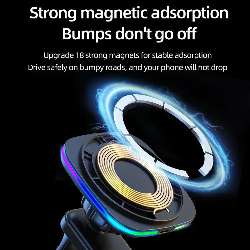 30W RGB LED Magnetic Wireless Charger Car Phone Holder Stand Car Mount
