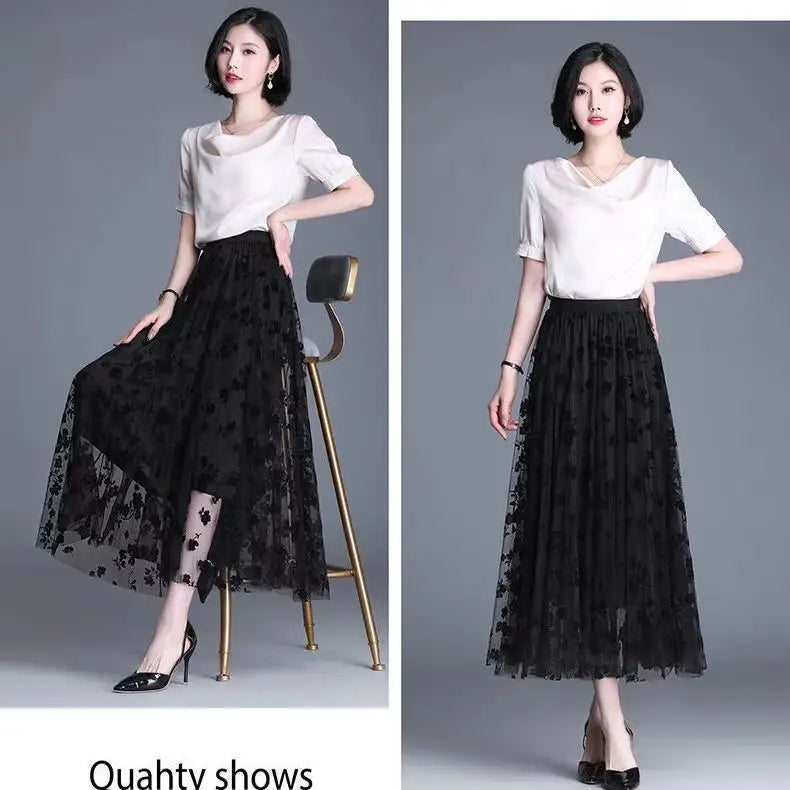 Korean Women Tulle Skirt Fashion Summer Hook Floral Loose Midi Skirt
