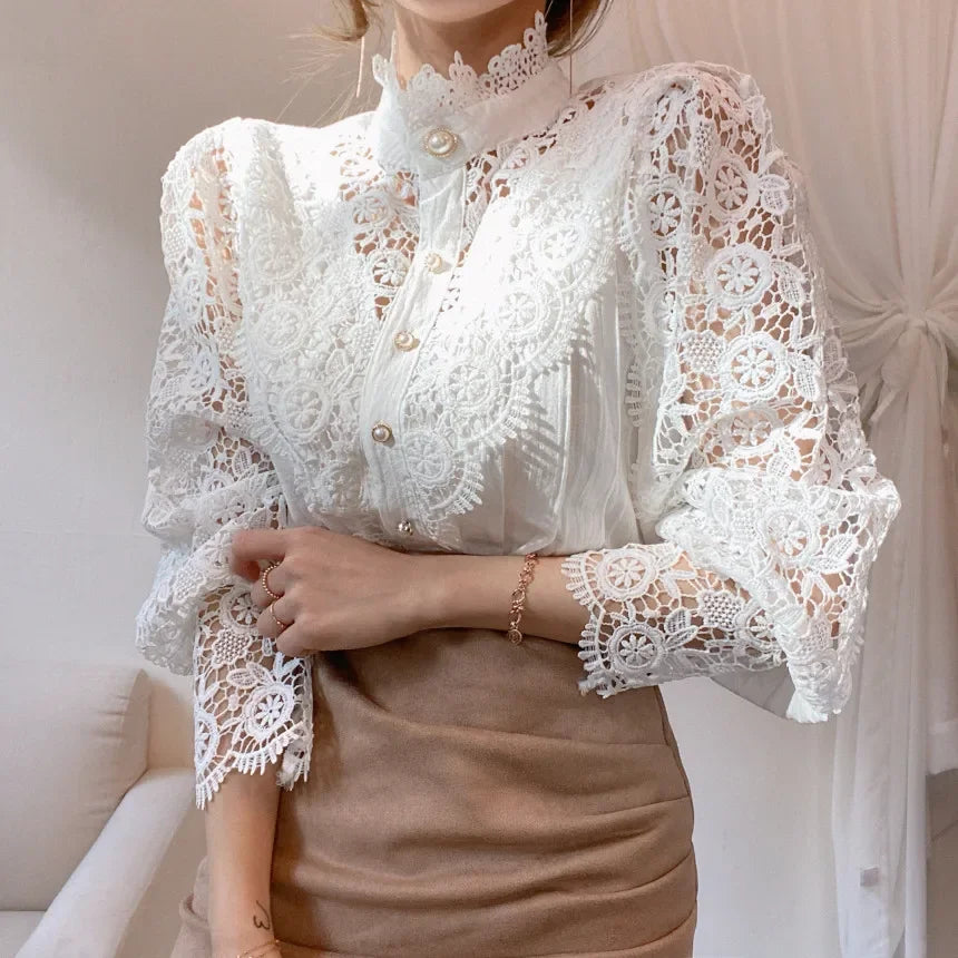 Fashion Long Sleeve Women Blouse Hollow Out Lace Blouse Shirt Tops